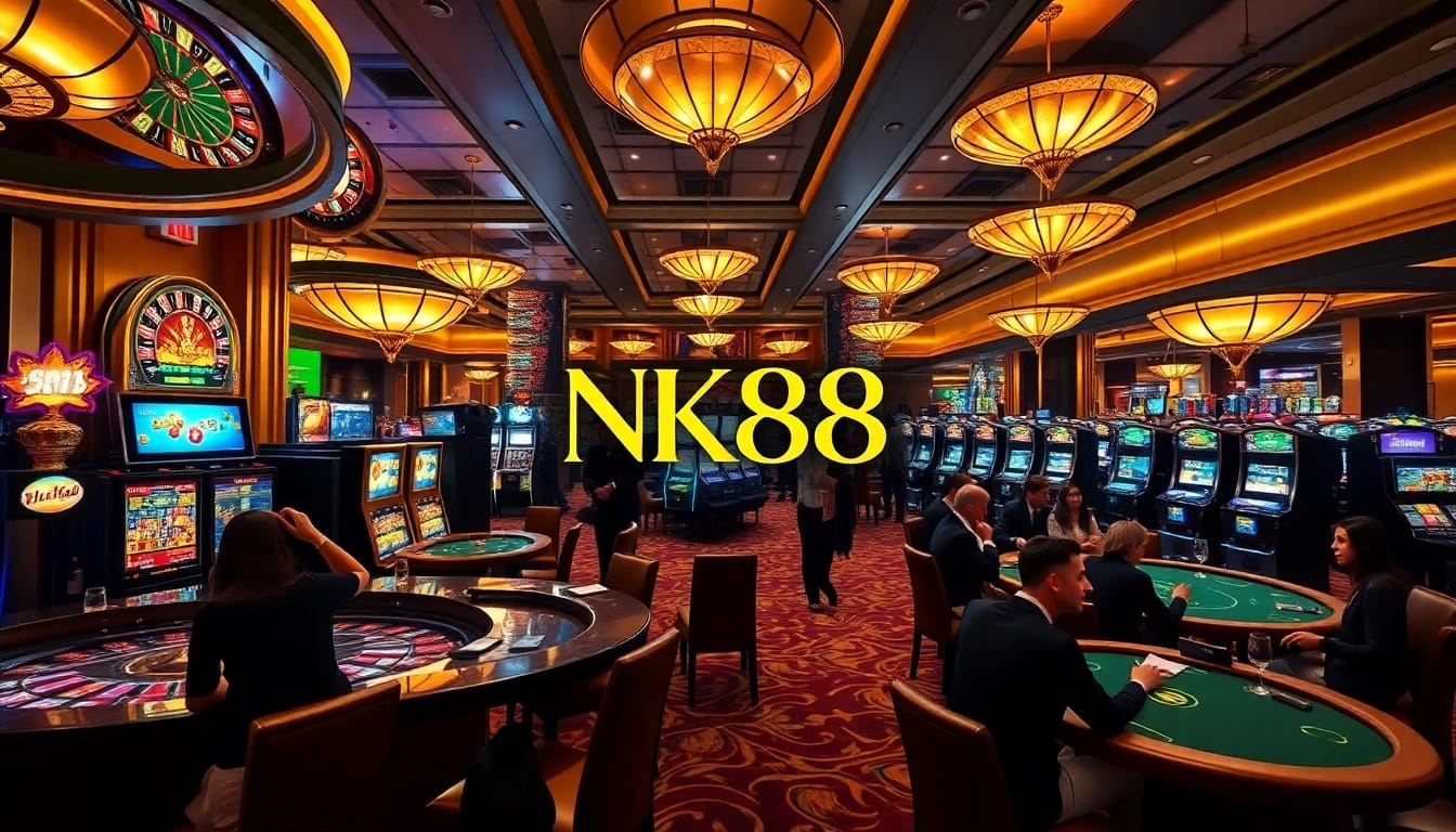 NK88 players engaging in thrilling casino games, showcasing vibrant roulette and slot machines.