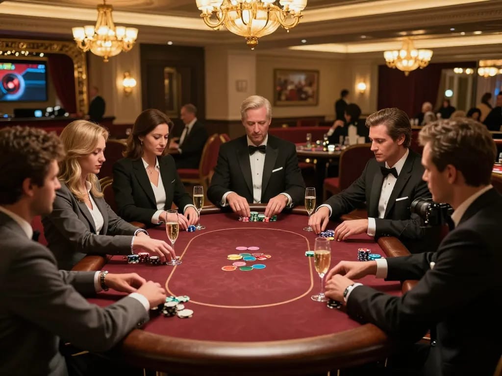 Players engrossed in a high-stakes poker game at UU88's exclusive VIP area, showcasing sophistication.