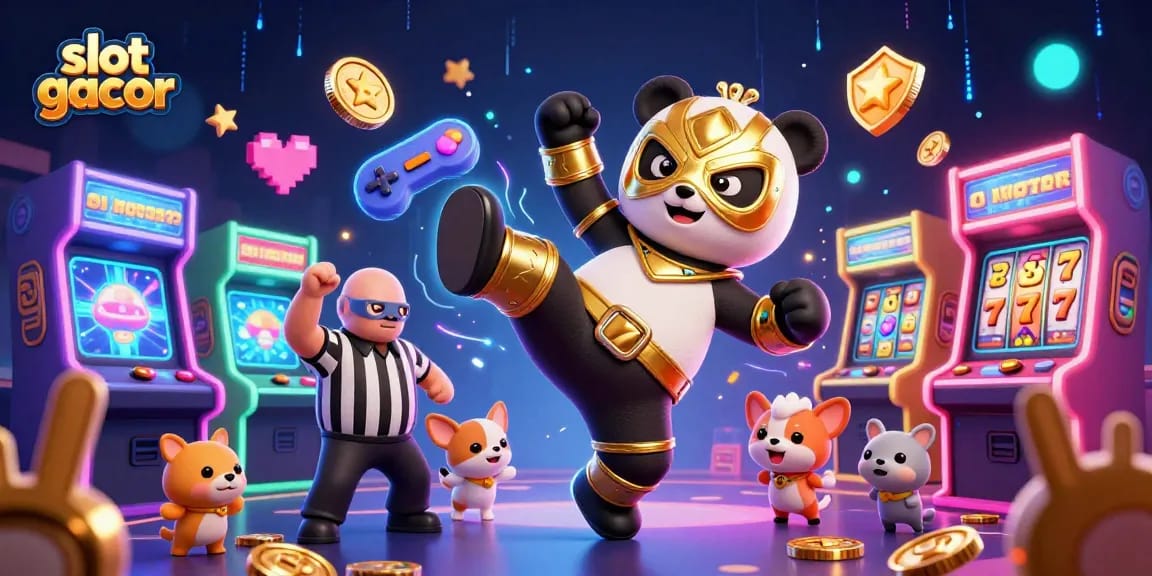 Experience the thrill of slot gacor with animated characters in a dynamic casino scene filled with glowing game elements.