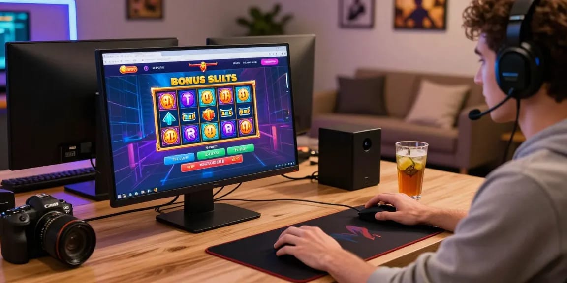 Player engaging with cocomaya.co.uk's Bonus Buy Slots in a vibrant gaming environment, showcasing dynamic graphics and accessories.