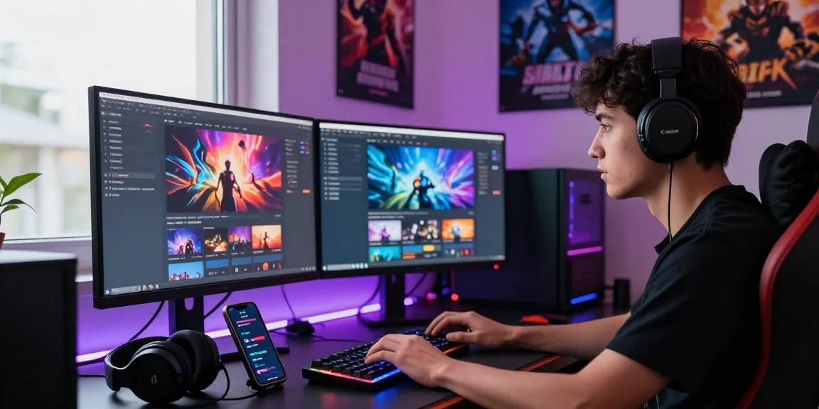 Engaged gamer using cika4d login on a dual-monitor setup in a vibrant gaming space.