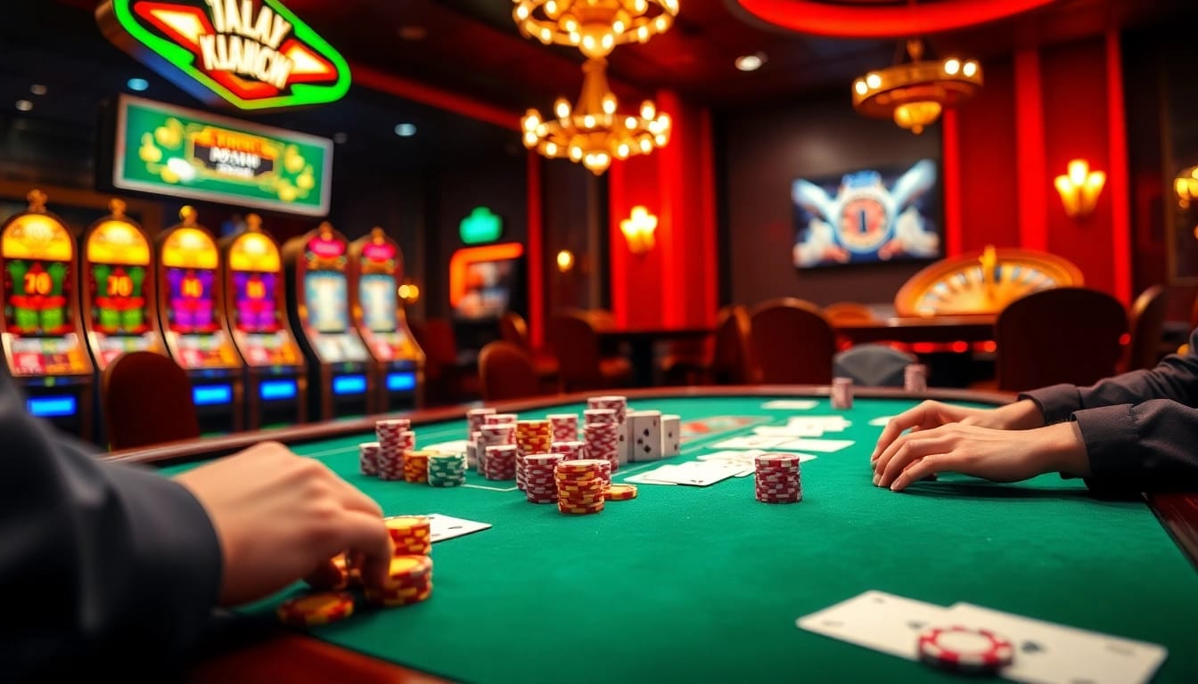Experience the thrill of juragan77 at a luxury casino with poker games and flashing slot machines.