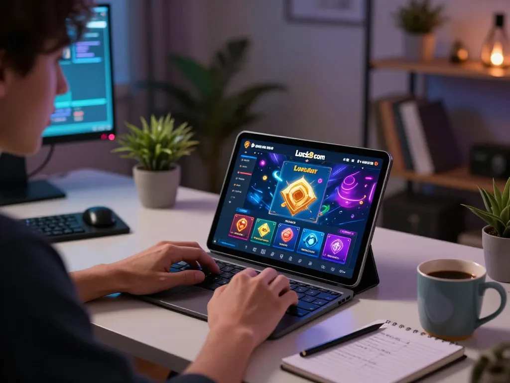 Engaging with Luck8 com betting through a tablet in a cozy home office setting.