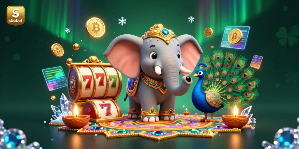 Engage with sbobet's vibrant gaming world, highlighted by a colorful Diwali-themed elephant and dazzling slot elements.
