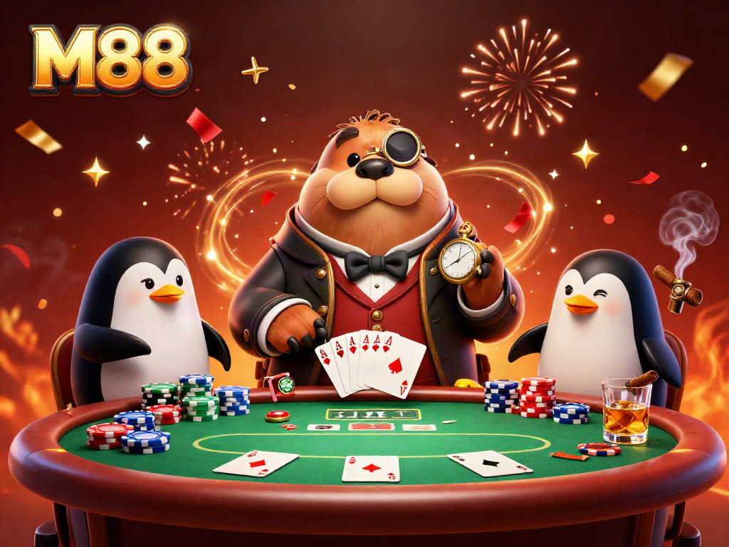 M88 poker scene with walrus, penguin dealer, and pufferfish in a lively underwater casino