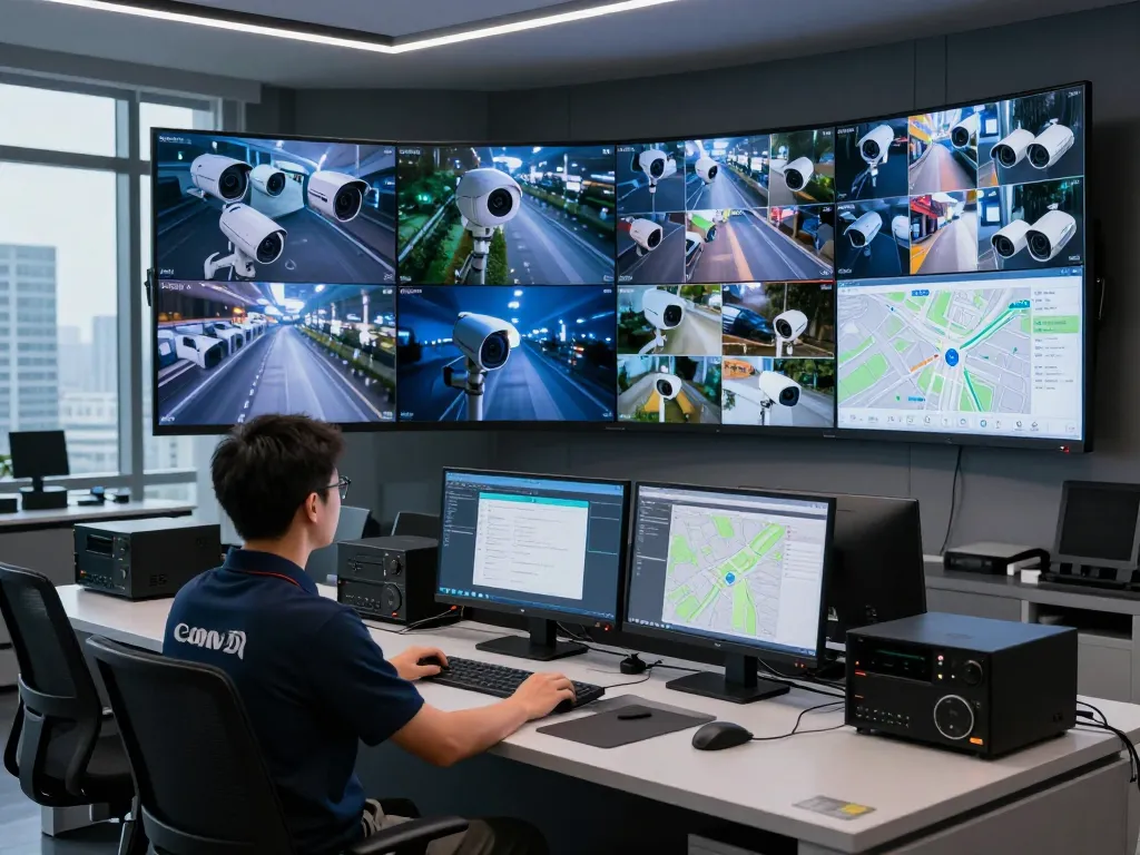Technician monitoring HD4D surveillance feeds in a modern control room.