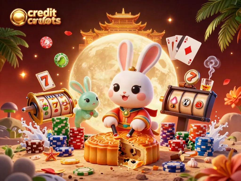 Engage with credit card slots in a vibrant, magical casino world featuring 3D rabbits and poker chips.