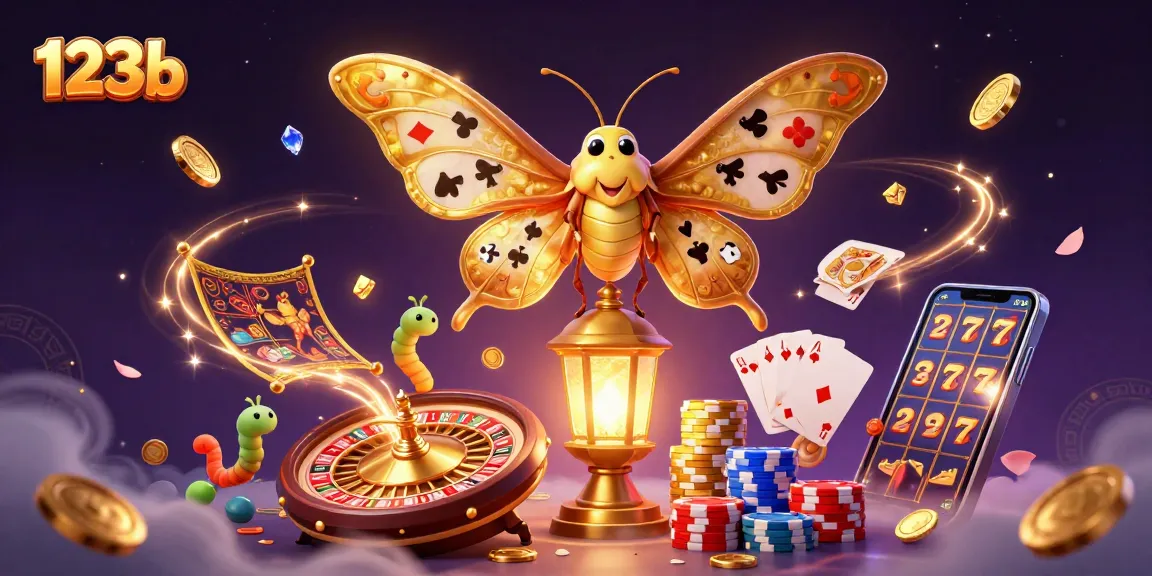Play and win at 123b with vibrant casino elements featuring card suits and neon lights.