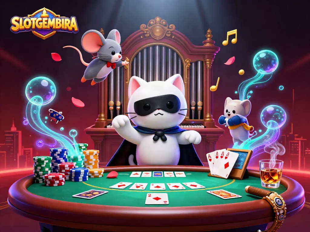 SLOTGEMBIRA enchanting casino scene with a phantom cat at a pipe organ, poker chips, and vibrant game elements.
