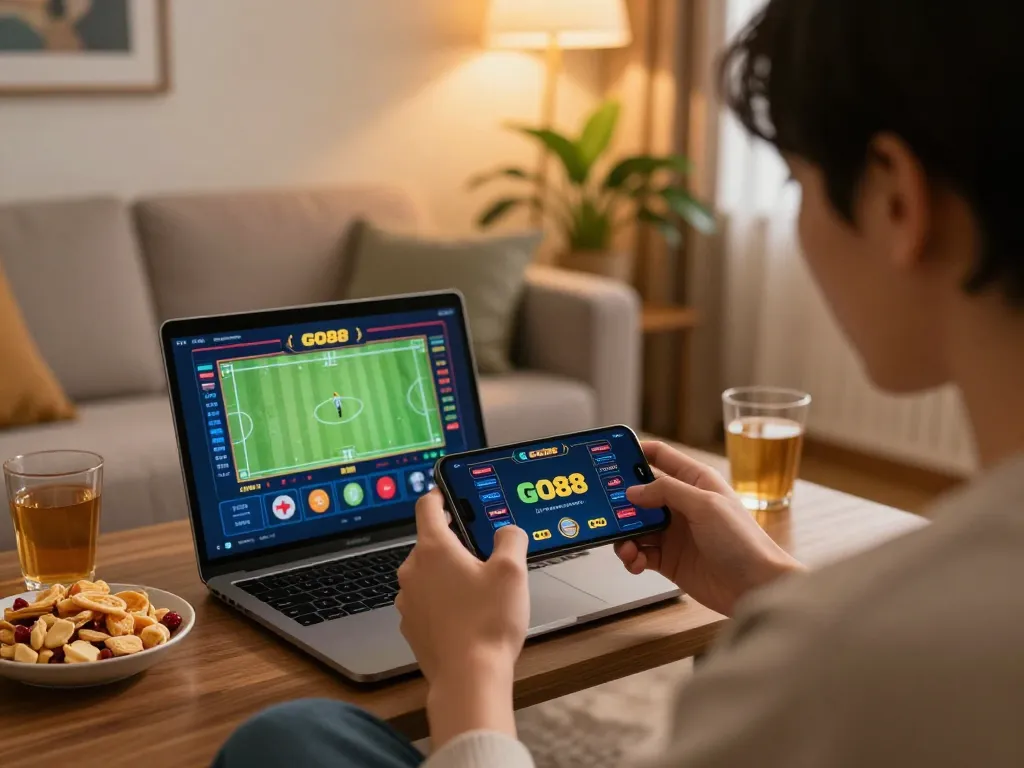 Player engaging in online betting with GO88 app on smartphone in a cozy living room setting.