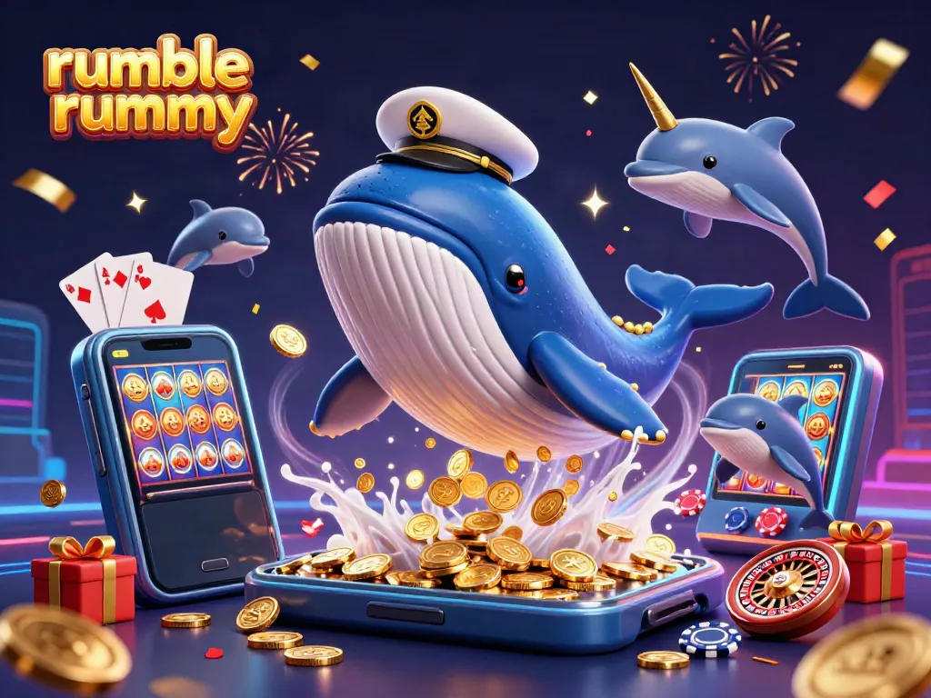Engaging illustration of Rumble Rummy featuring a cartoon whale, narwhal, and dolphins with casino elements.
