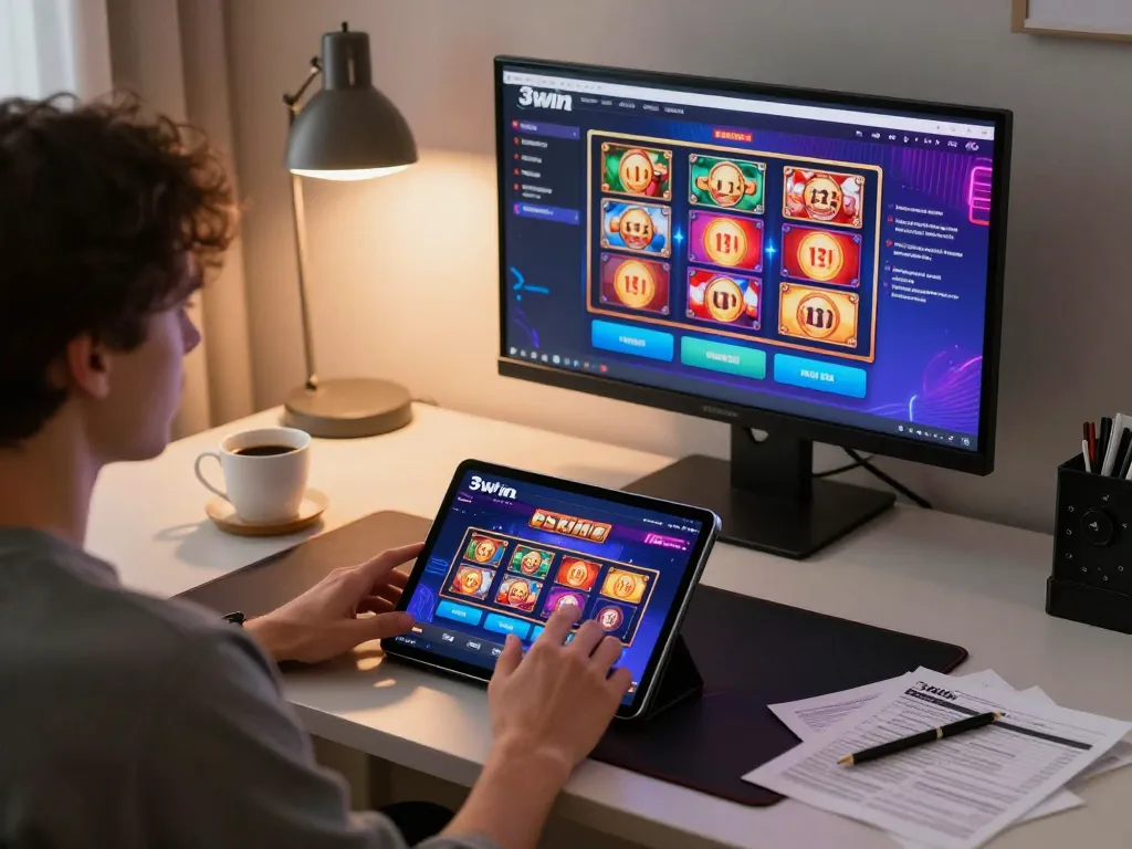 Engaged gamer explores 3win online casino interface during a home gaming session, showcasing strategic gameplay