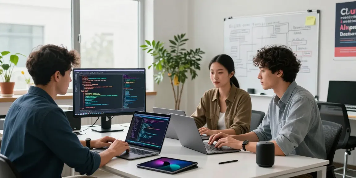 Engaging tech workspace with AI development, showcasing spicy ai algorithms on screens and collaborative team