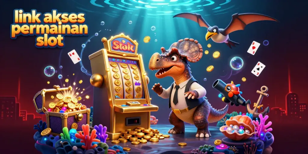 Aksi menarik di GWP168 menunjukkan link akses permainan slot dengan mesin slot emas dan karakter dino.