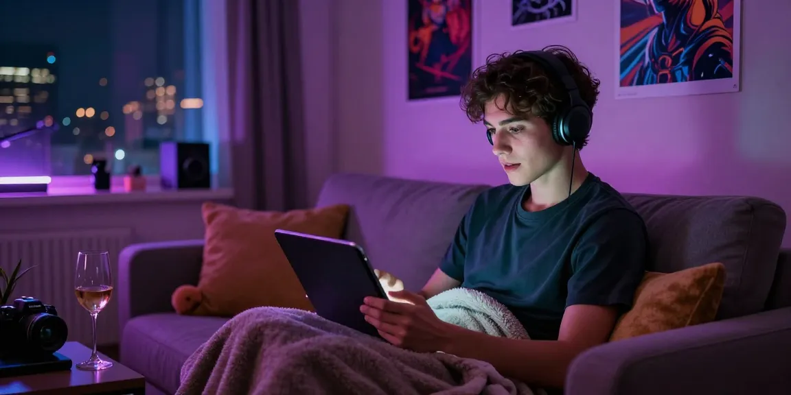 User interacting with NSFW AI chat on tablet in cozy, dimly lit room.