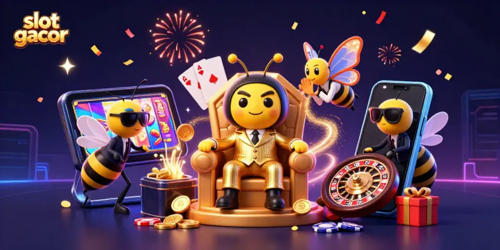 Experience the excitement of slot gacor with a lively 3D scene showcasing colorful game content and vibrant characters.
