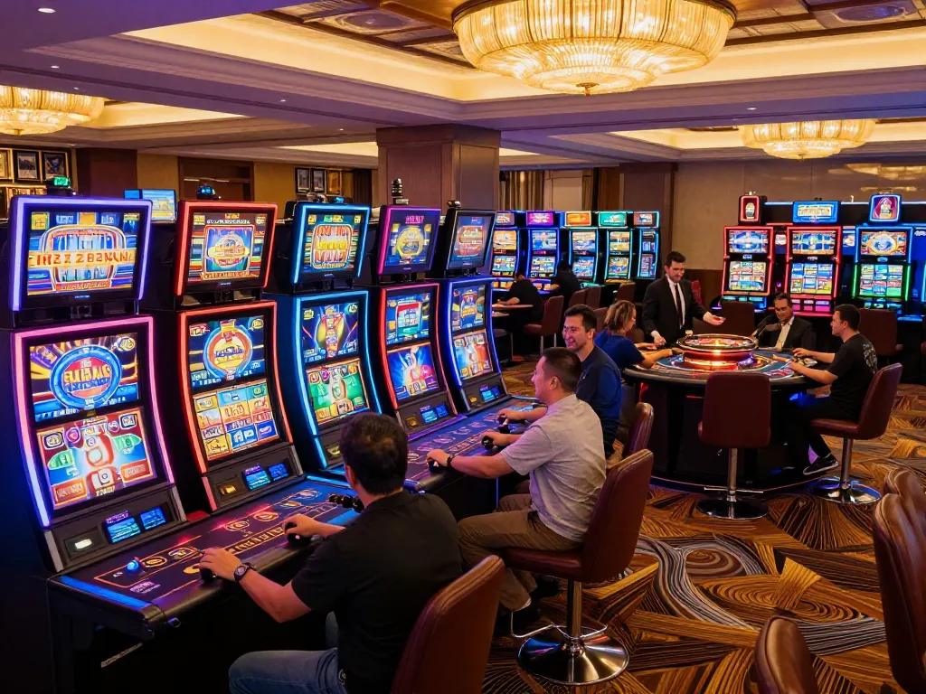 Players enjoying vibrant slot machines at UPINTOGEL casino, showcasing thrilling gameplay experience