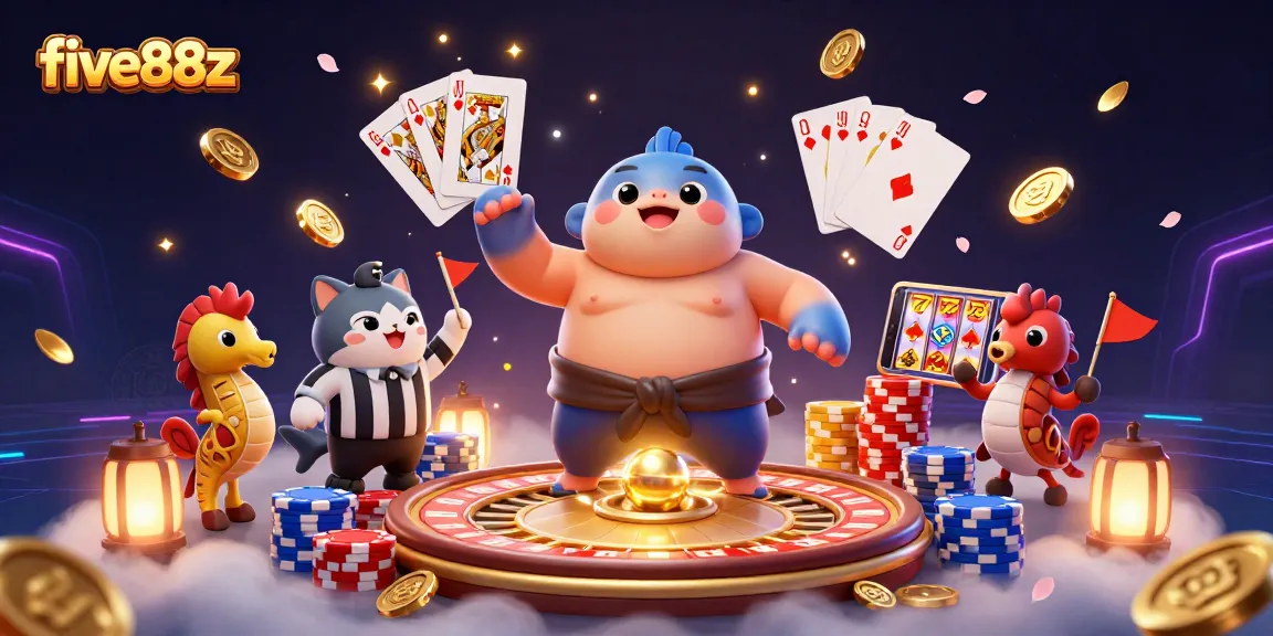 Experience thrilling gameplay with five88z in this vibrant underwater casino scene featuring a fugu and catfish referee.