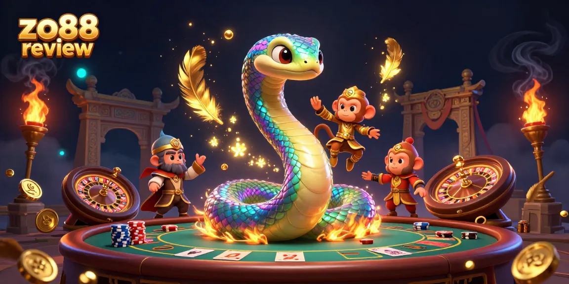 Engage with the vibrant zo88 review scene, featuring dynamic characters and casino elements.