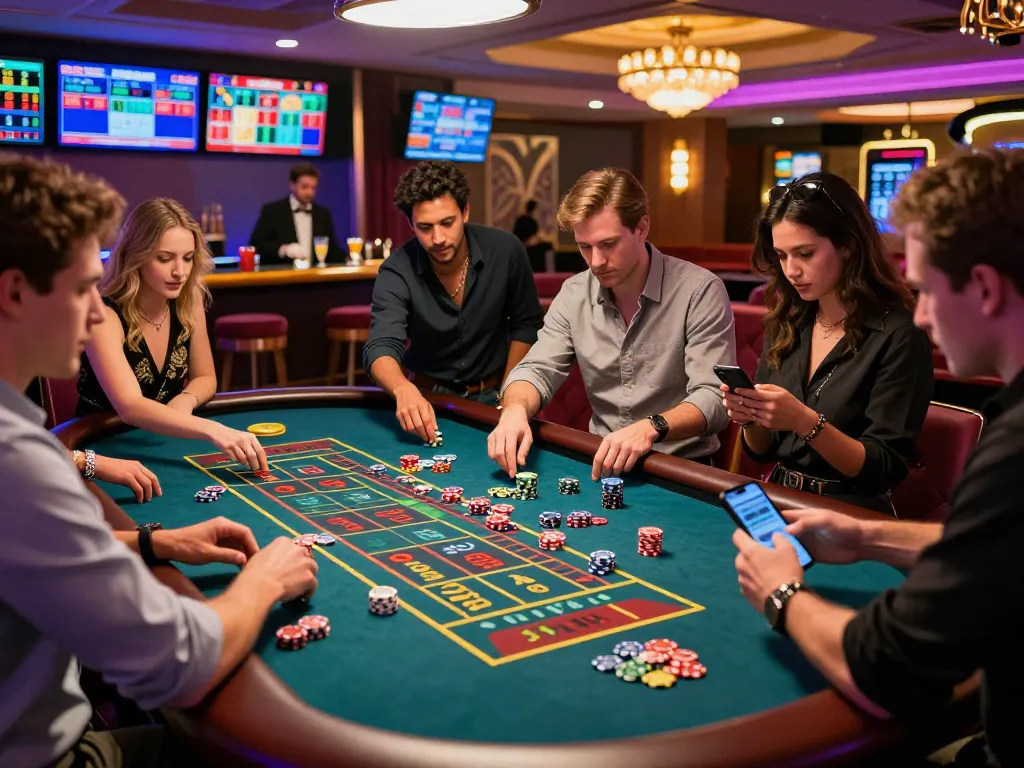 Exciting casino scene with friends playing roulette at 88pulsa betting tables, vibrant atmosphere and colorful chips.