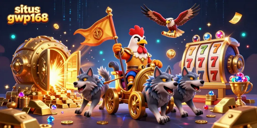 Menggali kemenangan di situs gwp168 dengan ilustrasi 3D kartun penuh warna dan elemen kasino yang berkilau.