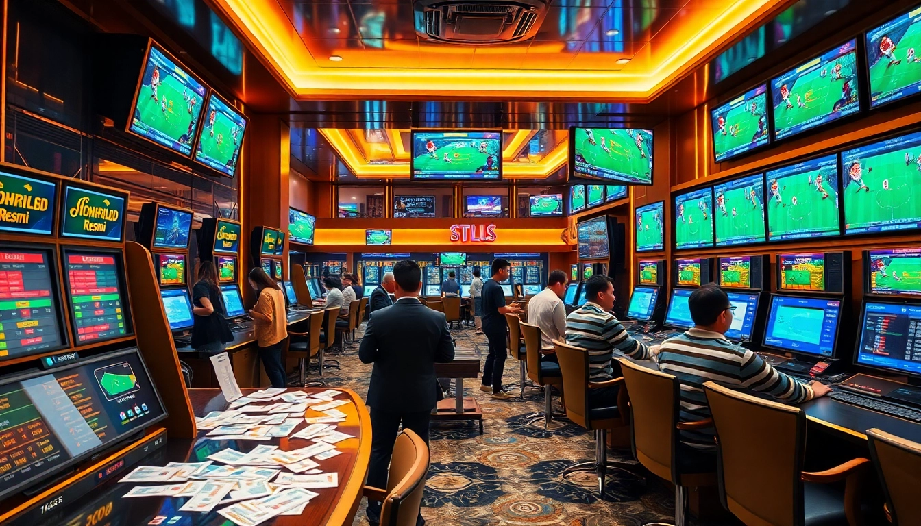 Situs Judi Bola Resmi betting excitement with bettors and live match displays.