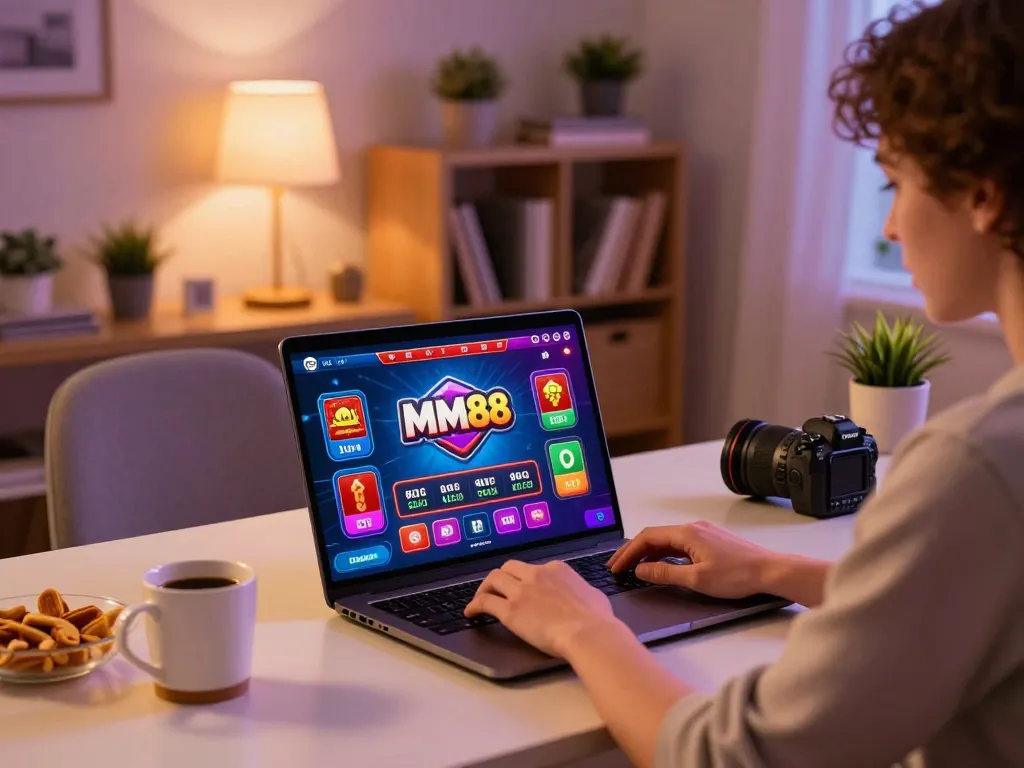 Engaging online gaming session at home with MM88 displayed on laptop screen.