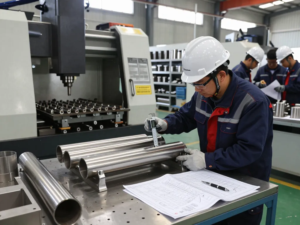 Technician measuring sumwin stainless steel pipes in a modern factory setting.