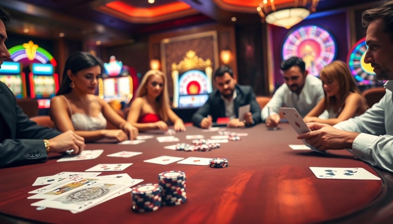 Players engaging in poker at a luxurious table with "pokergacor" highlighted, showcasing a lively casino atmosphere.