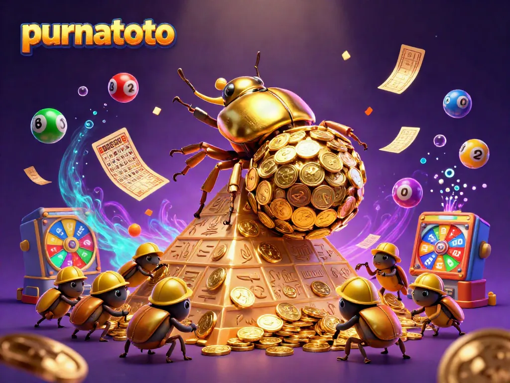 Purnatoto menunjukkan keseruan slot gacor dengan gambar kumbang emas besar menggelindingkan tumpukan koin emas.