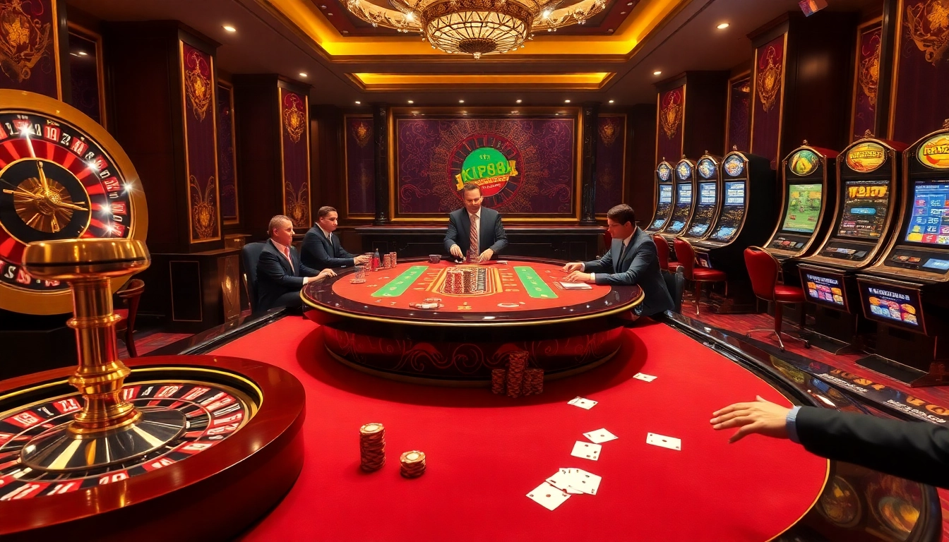 Glamorous KP88 gaming table scene with poker players, roulette wheel, and slot machines.