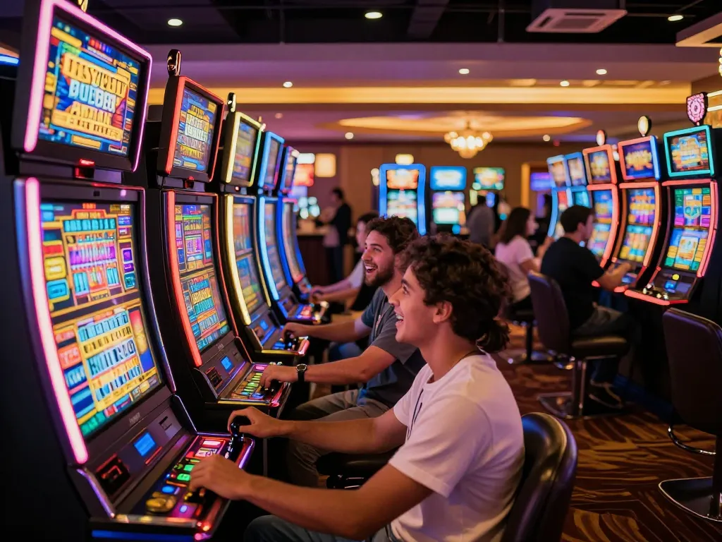 Engaged players enjoying kdslots on colorful slot machines surrounded by vibrant casino atmosphere.