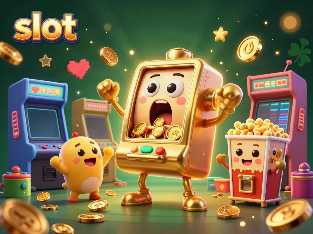 Mendapatkan jackpot pada mesin slot yang mengeluarkan koin, dikelilingi oleh mesin kecil yang bersorak.