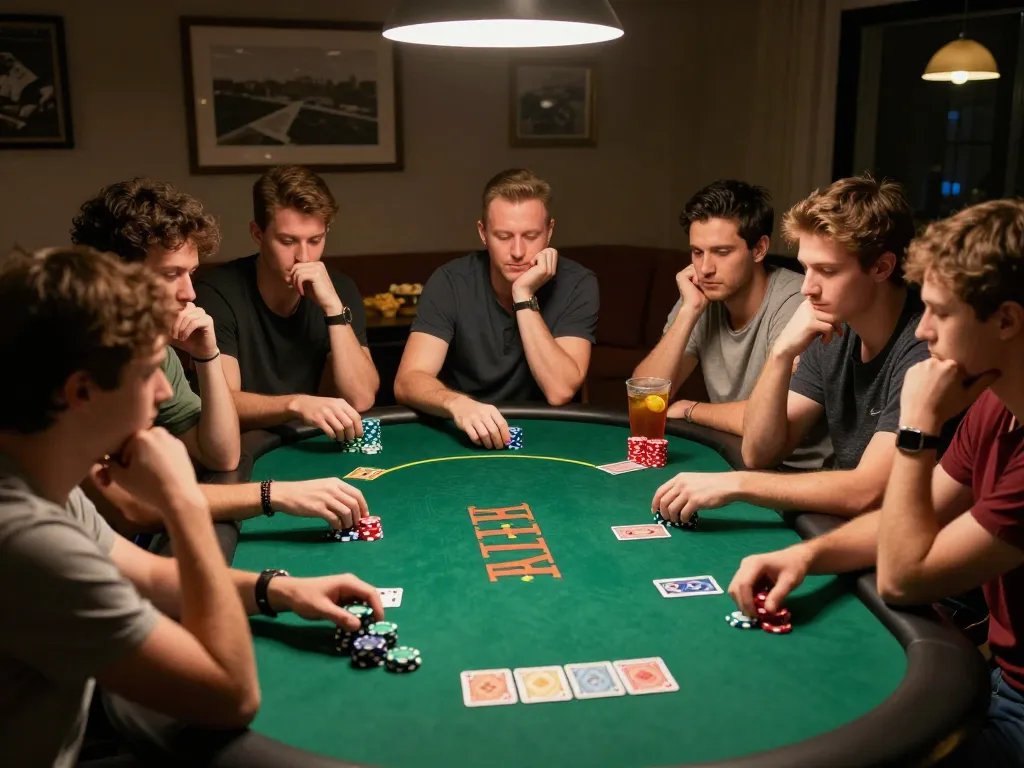 Players at a home poker night strategizing their bets at https://xx88.video/ for an exciting card game atmosphere.