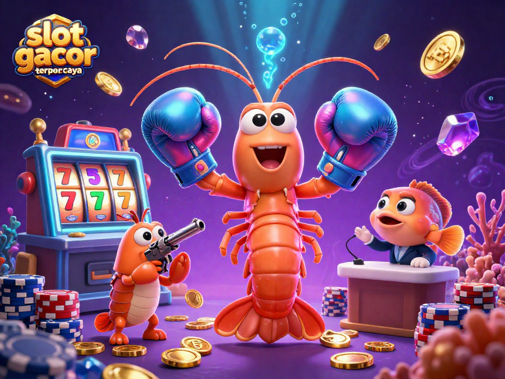 Experience the thrill of slot gacor terpercaya with colorful shrimp characters amidst casino elements.