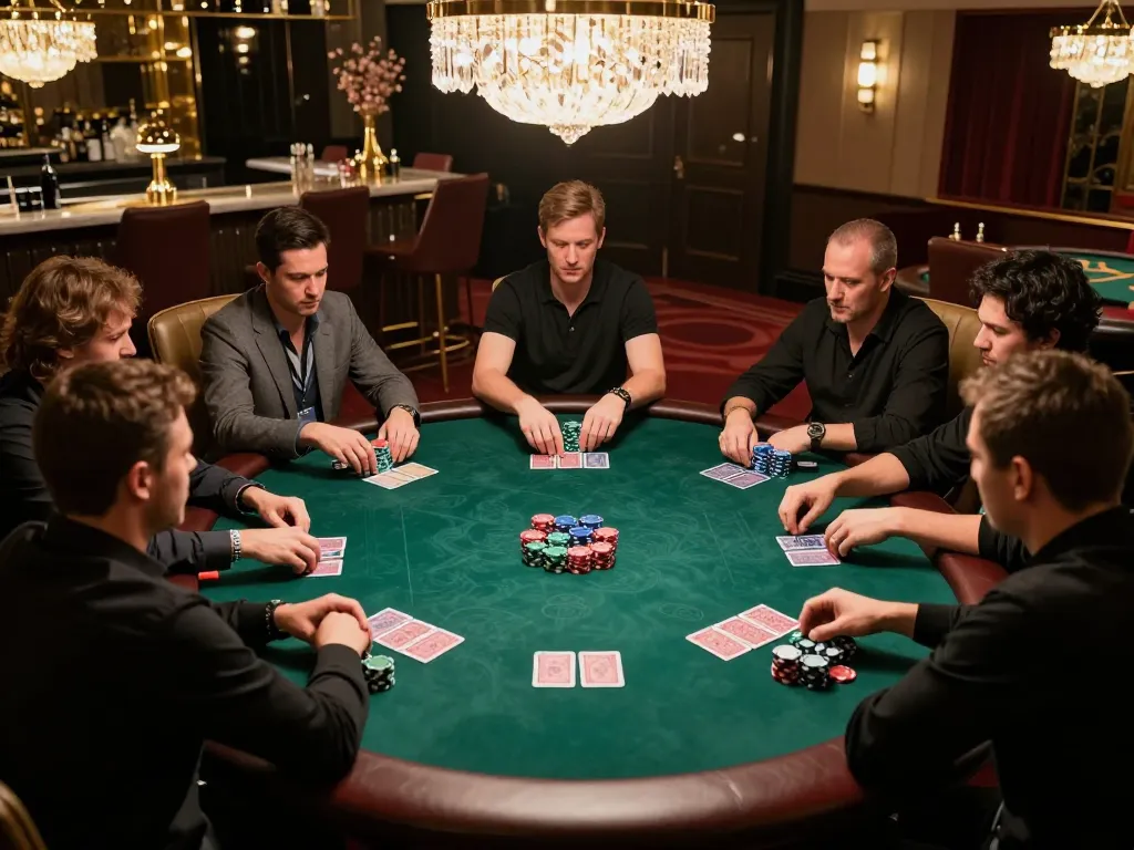 KJC elite poker players strategizing in a high-stakes VIP room setting.