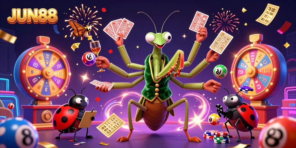 Experience the thrill of JUN88 with vibrant casino elements and animated characters in a festive digital illustration.