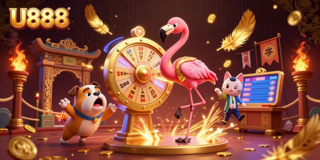 Experience U888’s dynamic gaming atmosphere with a flamingo host and a bulldog contestant celebrating wins.