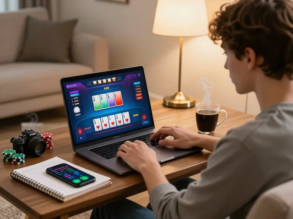 Engaged user playing poker at home on uu88 platform with strategic notes nearby
