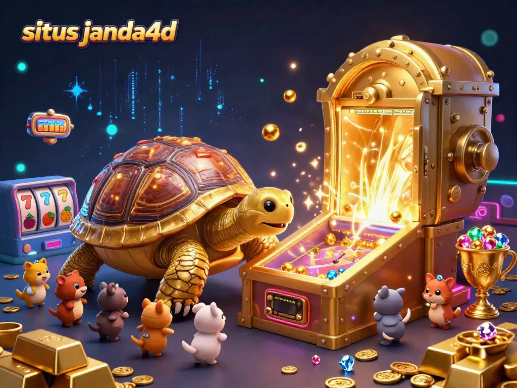 Permainan seru di situs janda4d dengan kura-kura emas dan mesin pinball, kaya fitur.