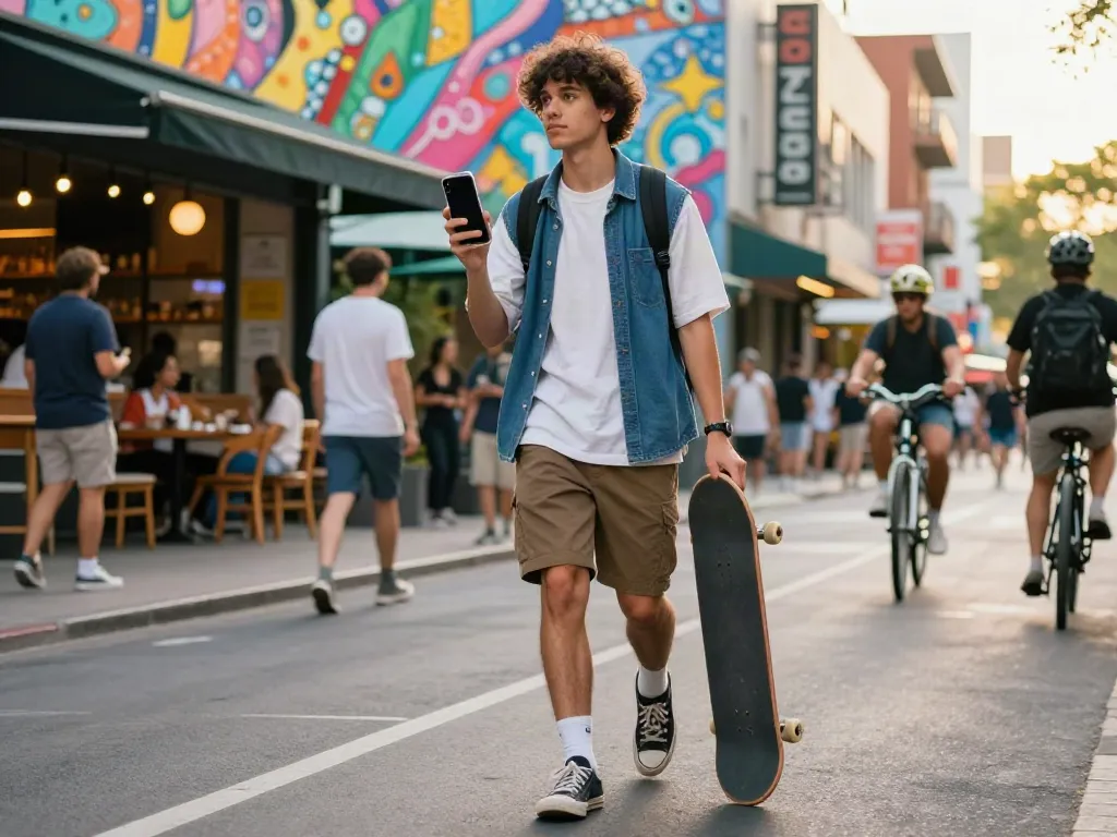 A vibrant street scene featuring akunjp in stylish streetwear and a skateboard amidst urban murals.