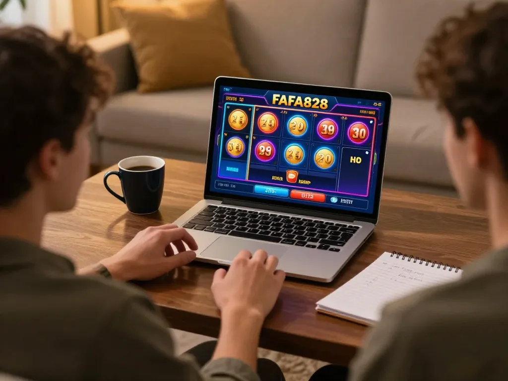 Players engaging in FAFA828 online slots, illustrating strategic gaming setup in cozy home