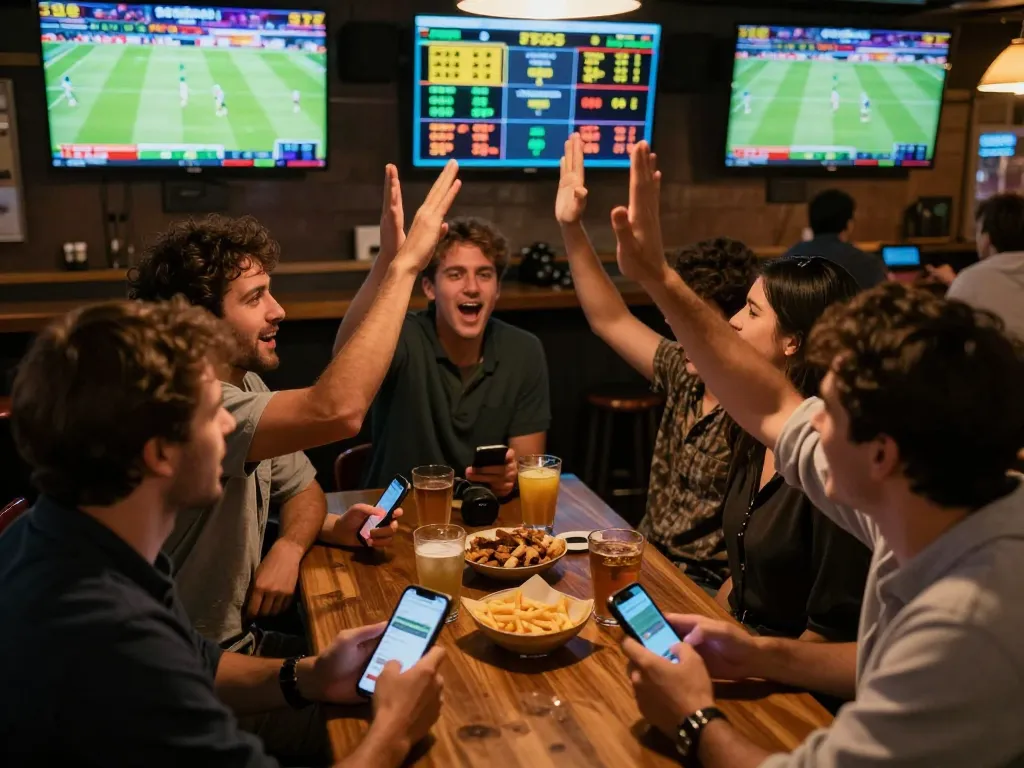 Engaging with the okwin game at a bustling sports bar, showcasing live betting excitement.