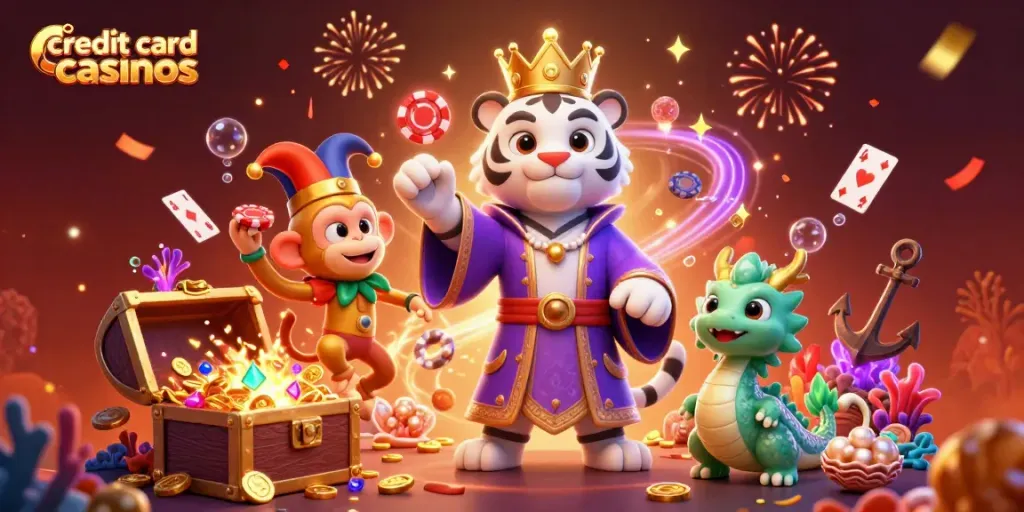 Experience excitement at credit card casinos with a lively scene featuring a regal tiger, a jolly monkey, and a dragon.