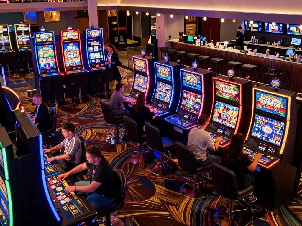 Players enjoying vibrant slot machines at 555win casino, highlighting dynamic gaming atmosphere.