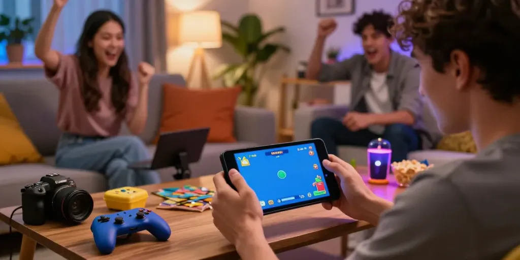 Player enjoying Rumble Rummy on smartphone in a lively living room