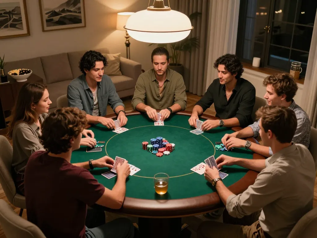 Friends strategizing over poker at home, enhancing their 32win gaming experience.