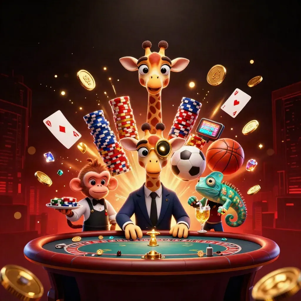 3D giraffe, monkey valet, and chameleon bartender amid glowing casino coins, chips, and neon light.