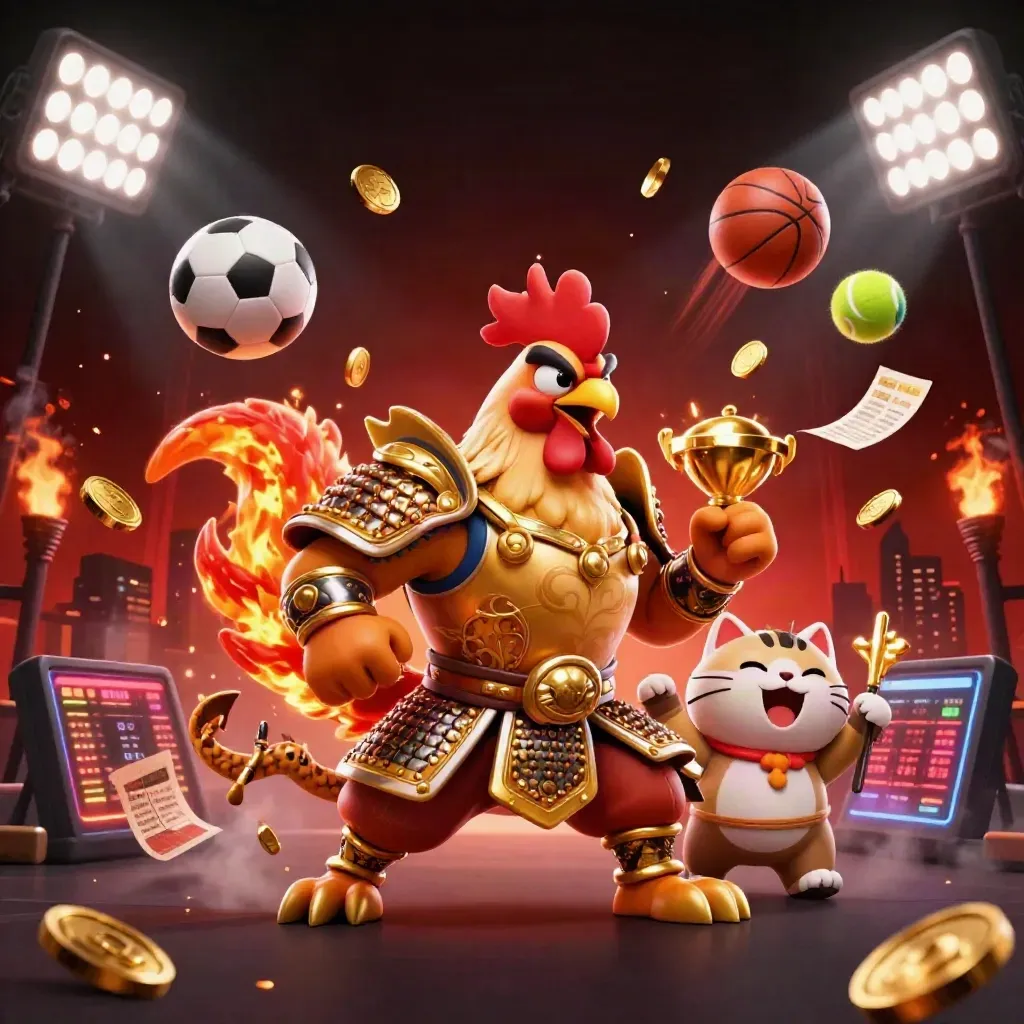 Rooster samurai, spark-breathing dragon hatchling, and fortune-cat amid flying balls and gold coins