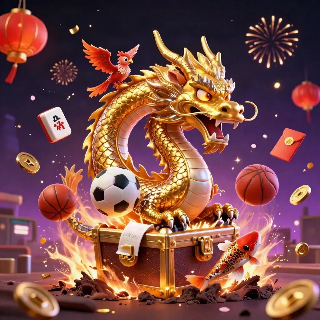 Golden dragon, phoenix, koi, and sports balls burst in neon casino fantasy key art.